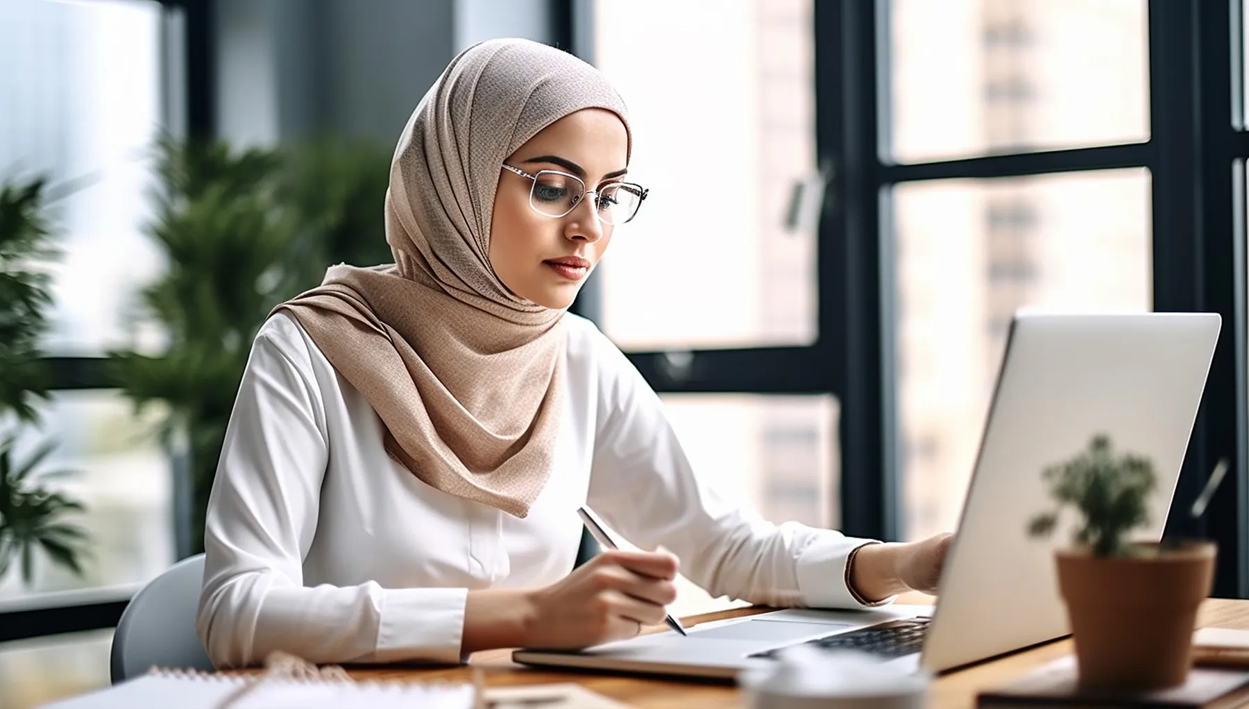 Porträt einer erfolgreichen muslimischen Geschäftsfrau im Büro mit Laptop